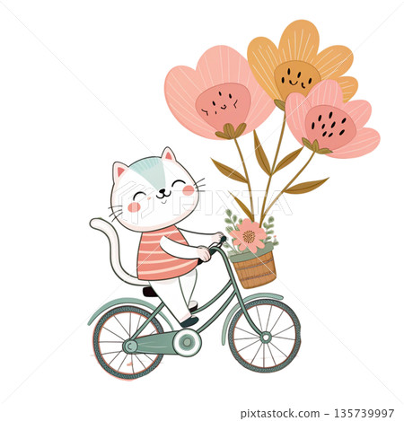 Cute cartoon cat riding a bicycle oversized floral bouquet attached to the back White Background Cute cartoon cat riding a bicycle oversized floral bouquet attached to the back White Background 135739997