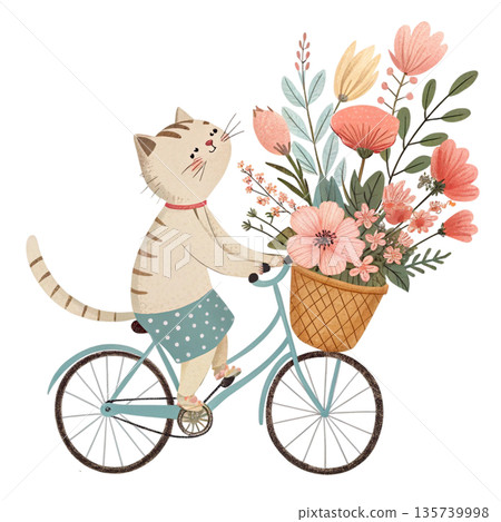 Cute cartoon cat riding a bicycle oversized floral bouquet attached to the back White Background Cute cartoon cat riding a bicycle oversized floral bouquet attached to the back White Background 135739998