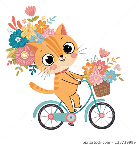 Cute cartoon cat riding a bicycle oversized floral bouquet attached to the back White Background 135739999