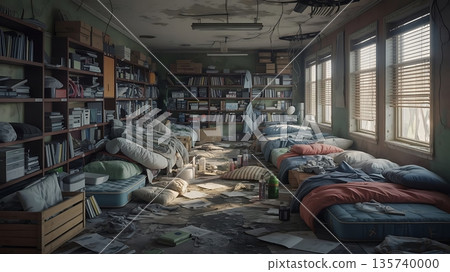 A rundown room turned into a makeshift shelter with beds shelves of supplies and debris scattered across the floor 135740000