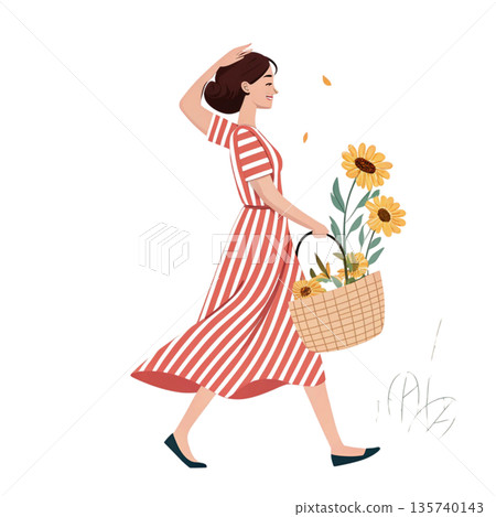 modern woman holding sunflower basket White Background 135740143