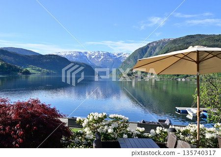 View of Hardangerfjord from a hotel terrace in Ulvik 135740317