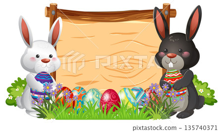 Cartoon Easter Bunnies Holding Decorated Eggs Next to Blank Wooden Sign 135740371