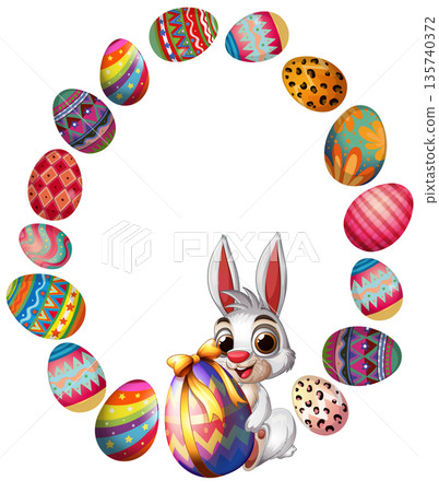 Cartoon Easter Bunny Holding Decorated Egg Inside Circular Frame of Colorful Eggs 135740372