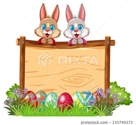 Two Cartoon Easter Bunnies Peeking Over a Wooden Sign with Colorful Eggs 135740373