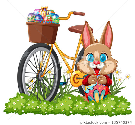 Cartoon Easter Bunny Standing by Bicycle with Basket of Decorated Eggs 135740374
