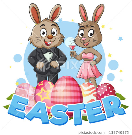 Cartoon Easter Bunnies in Formal Wear with Decorated Eggs and Text 135740375