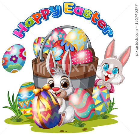 Happy Easter Vector Illustration with Bunnies and Colorful Painted Eggs Happy Easter Vector Illustration with Bunnies and Colorful Painted Eggs 135740377