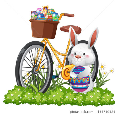 Easter Bunny Standing by Bicycle with Basket Full of Decorated Eggs 135740384