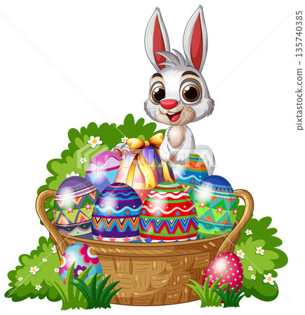 Cartoon Easter Bunny Sitting Behind a Basket of Colorful Decorated Eggs Cartoon Easter Bunny Sitting Behind a Basket of Colorful Decorated Eggs 135740385