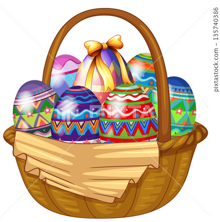Woven Wicker Basket Filled with Colorful Patterned Easter Eggs and Ribbon 135740386