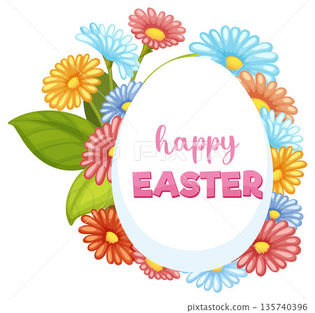 Happy Easter Greeting Card with Colorful Spring Flowers and Egg Shape 135740396