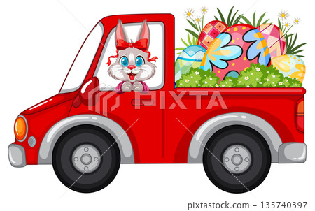 Cartoon Easter Bunny Driving a Red Pickup Truck Filled With Eggs Cartoon Easter Bunny Driving a Red Pickup Truck Filled With Eggs 135740397