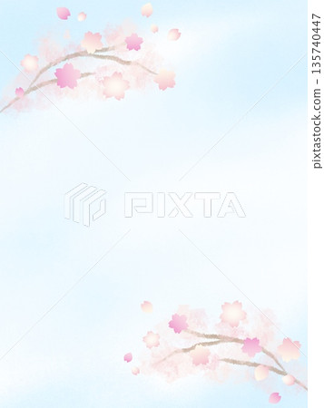 水彩手繪背景框，櫻花在春藍天空下盛開，豎幅 135740447
