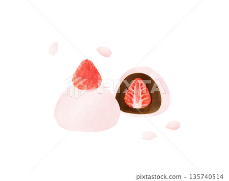 Strawberry Daifuku with strawberries and cross section, pink Japanese sweets set with cherry blossom petals, spring sweets, watercolor material 135740514
