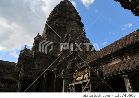 Looking up at the pagodas of Angkor Wat Looking up at the pagodas of Angkor Wat 135740606