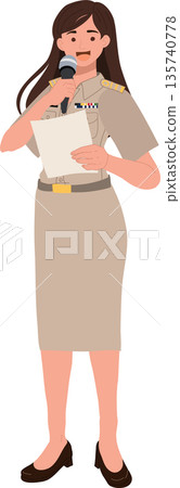 announcement presenter in official uniform speaking with microphone and report paper character 135740778