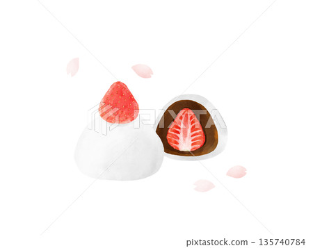 Strawberry Daifuku with strawberries and cross section, Japanese sweets set with cherry blossom petals, spring sweets, watercolor material Strawberry Daifuku with strawberries and cross section, Japanese sweets set with cherry blossom petals, spring sweets, watercolor material 135740784