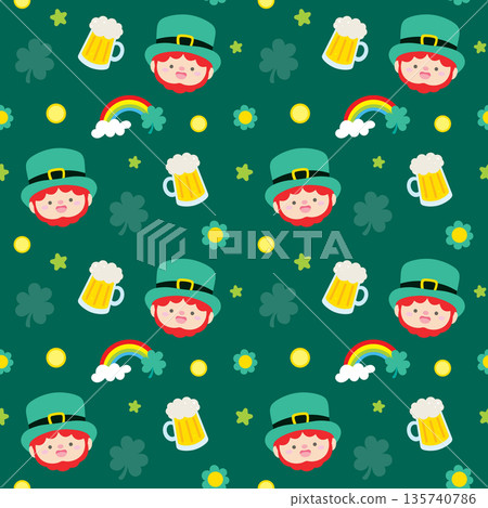 Saint patricks day seamless pattern with cute leprechaun, beer and rainbow. 135740786