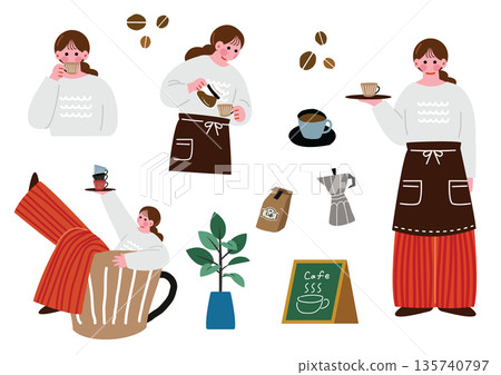 Illustration set of a woman working in a cafe 135740797