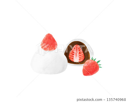 Cute Japanese sweets set with strawberry topping, strawberry daifuku and cross-section illustration, spring sweets, copy space Cute Japanese sweets set with strawberry topping, strawberry daifuku and cross-section illustration, spring sweets, copy space 135740968
