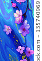 Beautiful spring art photo of cherry blossoms blooming on a blue marble background 135740969