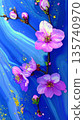 Beautiful spring art photo of cherry blossoms blooming on a blue marble background 135740970