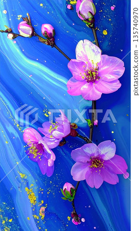 Beautiful spring art photo of cherry blossoms blooming on a blue marble background Beautiful spring art photo of cherry blossoms blooming on a blue marble background 135740970