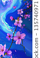 Beautiful spring art photo of cherry blossoms blooming on a blue marble background 135740971