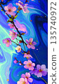 Beautiful spring art photo of cherry blossoms blooming on a blue marble background 135740972