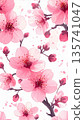 Beautiful spring floral background in watercolor style with pale pink cherry blossoms 135741047