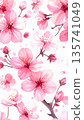 Beautiful spring floral background in watercolor style with pale pink cherry blossoms 135741049