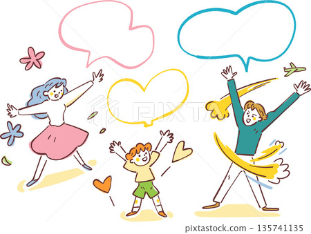 Budding of the Future: A set of illustrations depicting a family standing on the ground and reaching out to the sky, with speech bubbles representing growth 135741135