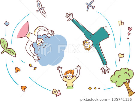 Budding of the Future: A bird's-eye view illustration of a family lying on the grass, forming a circle and looking up at the sky, symbolizing their dreams and future plans. 135741136