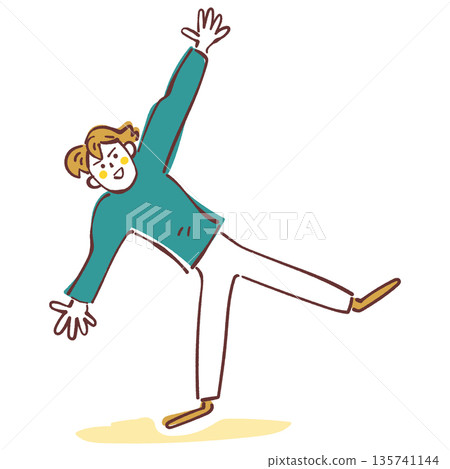 A smiling man balancing on one leg and spreading his arms wide. Whole body. Vector illustration on a white background that represents vitality and health. 135741144