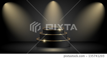 Round black podium decorated with shiny golden rims arrangement and illuminated by spotlights. A platform for displaying products and events 135741203