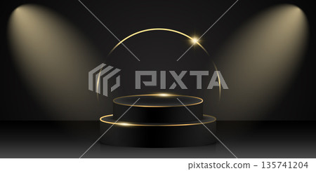 Round 3d black podium decorated with shiny golden rims and sparkling halo. A platform illuminated by spotlights. Vector illustration Round 3d black podium decorated with shiny golden rims and sparkling halo. A platform illuminated by spotlights. Vector illustration 135741204