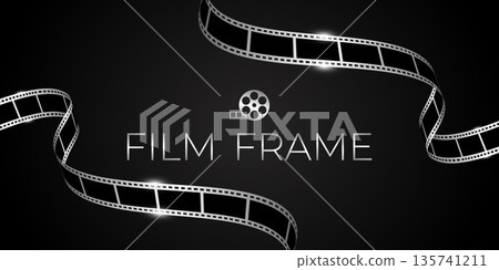 Shiny film frame with silver film strips on black background. Movie film premiere banner. Vector illustration Shiny film frame with silver film strips on black background. Movie film premiere banner. Vector illustration 135741211