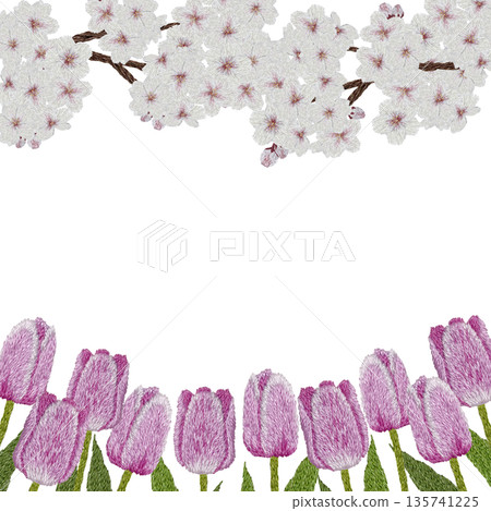 [Cherry Blossom and Purple Tulip Frame] Hand-embroidered illustration material 135741225