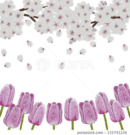 [Cherry Blossom and Purple Tulip Frame] Hand-embroidered illustration material 135741226