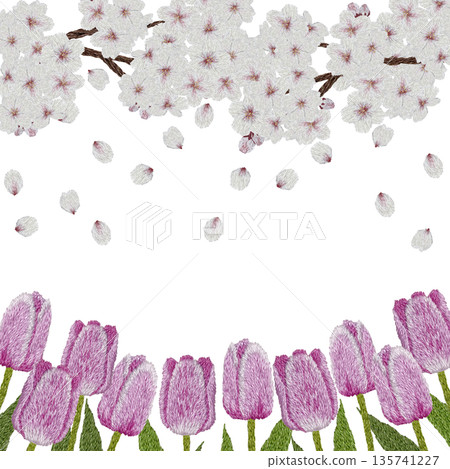 [Cherry Blossom and Purple Tulip Frame] Hand-embroidered illustration material 135741227