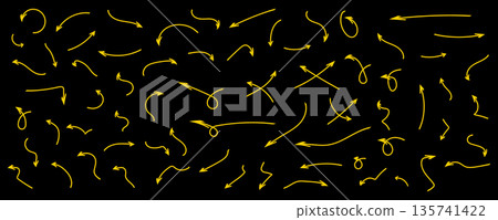 Hand-Drawn Yellow Arrow Scribbles Set on Black Background. 135741422
