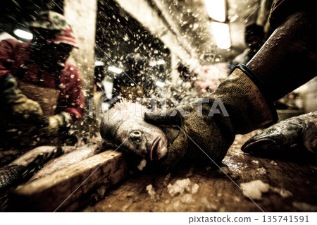 Busy wet market stall worker wearing glove cleaning fresh fish with ice flying in air, creating dynamic and energetic atmosphere in seafood section indoors 135741591