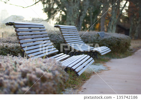 A bench in the early morning of frosty winter (image of cold and silence) A bench in the early morning of frosty winter (image of cold and silence) 135742186