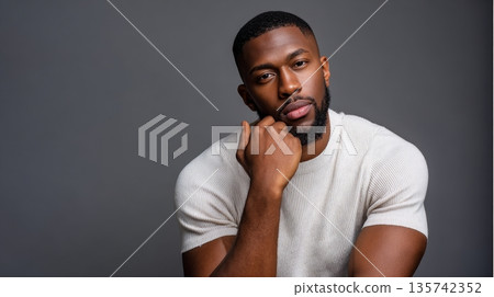Young african male adult posing in white shirt against gray background Young african male adult posing in white shirt against gray background 135742352