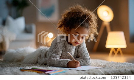 Young african child drawing at home in cozy living room setting 135742354