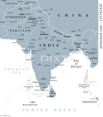 South Asia, a subregion of Asia, gray political map with borders, capitals and large cities. The states India, Pakistan, Afghanistan, Nepal, Bhutan, Bangladesh, Sri Lanka, and the Maldives. Vector South Asia, a subregion of Asia, gray political map with borders, capitals and large cities. The states India, Pakistan, Afghanistan, Nepal, Bhutan, Bangladesh, Sri Lanka, and the Maldives. Vector 135742426