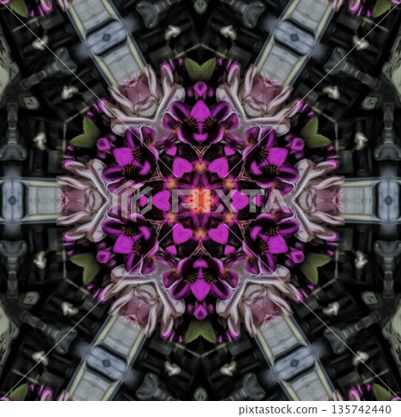 Pattern features mixed floral motifs in rich red, purple, pink, violet, and magenta tones, forming a vibrant and harmonious layered composition with elegant floral detail 135742440