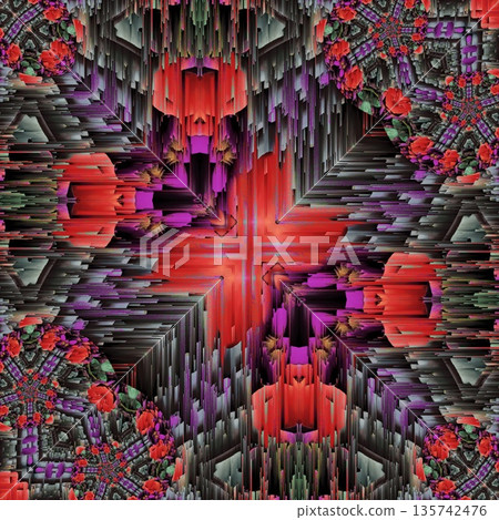 Pattern features mixed floral motifs in rich red, purple, pink, violet, and magenta tones, forming a vibrant and harmonious layered composition with elegant floral detail Pattern features mixed floral motifs in rich red, purple, pink, violet, and magenta tones, forming a vibrant and harmonious layered composition with elegant floral detail 135742476