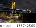 Kagawa Prefecture: The Setouchi Ohashi Bridge, a long bridge with a double-decker structure consisting of road and rail, can be seen from the Yoshima Parking Area on the Setouchi Chuo Expressway. 135742565